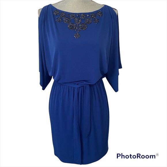 Trina Turk Dress Jeweled Collar Cold Shoulder Cobalt Blue Jersey Knit size 4 - Picture 1 of 7